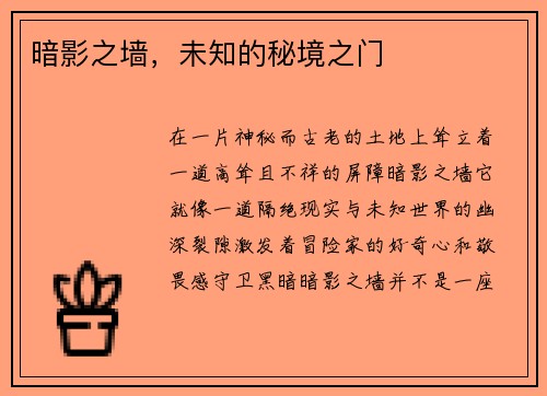 暗影之墙，未知的秘境之门